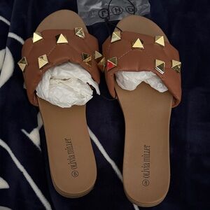 Olivia Miller Tan Gold Studded Sandals